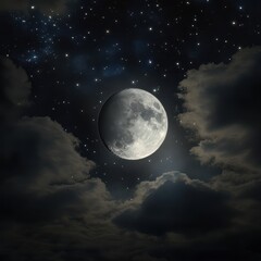 Wall Mural - cinematic cosmic realism, ultra-detailed full and crescent moon illuminating misty clouds, luminous 