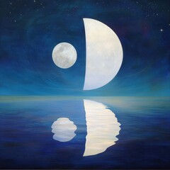 Wall Mural - Dreamy celestial wonderland, floating full moon and crescent moon above a glowing ocean, soft reflections, starry constellations.