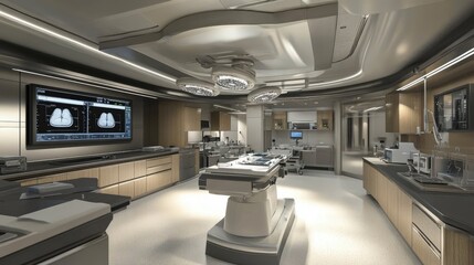 Poster - AI-controlled robotic surgery machine in a sterile high-tech medical room.