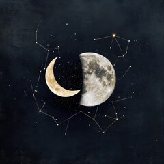 Wall Mural - hyper-realistic full moon and crescent moon glowing in a deep cosmic sky, surrounded by intricate co