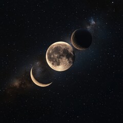 Wall Mural - hyper-realistic full moon and crescent moon glowing in a deep cosmic sky, surrounded by intricate co