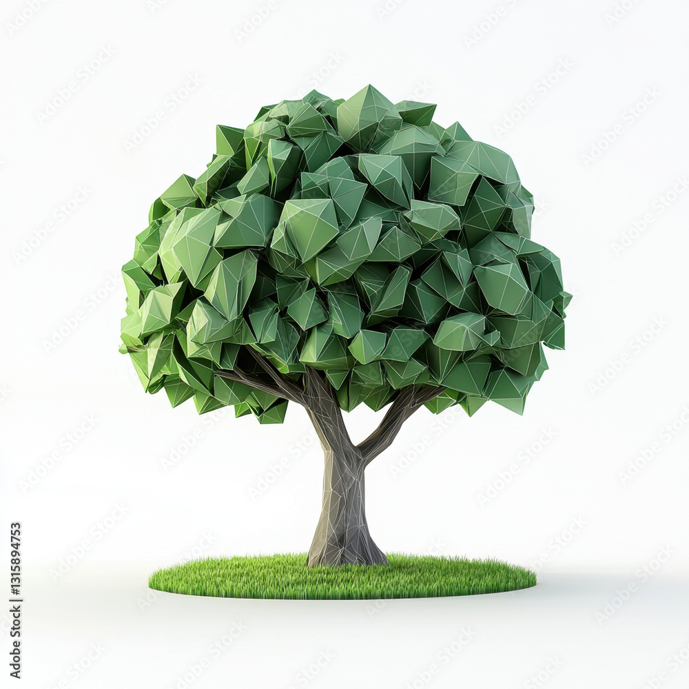 3d low-poly tree crafted from original paper with sketchy 2d leaves ...