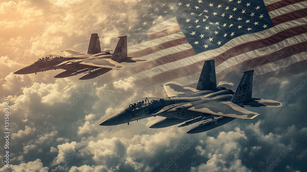 American Eagle F 15s Soaring Above Clouds With American Flag Stock 