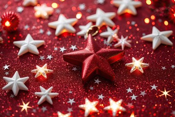 Poster - Red Christmas Glitter Background with Festive Glowing Texture and Stars