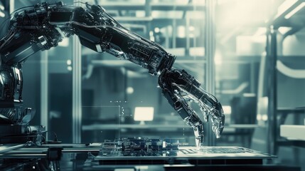 Poster - AI-powered robotic arm assembling circuit boards in an advanced tech lab.