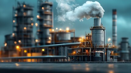 Poster - aerial panoramic view of a large scale chemical recycling plant with numerous storage tanks pipeline