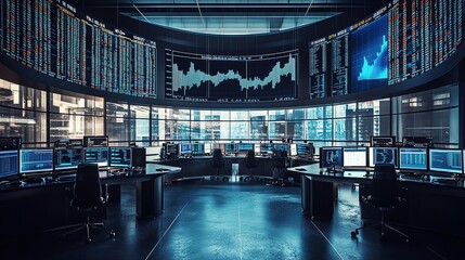 Poster - Modern Trading Floor with Stock Market Monitors and Data Displays