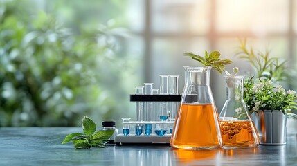 Poster - Researchers Collaborating on Developing Innovative Chemical Recycling Techniques in a Modern Laboratory Setting with Lab Equipment and Workspace for Text Overlay