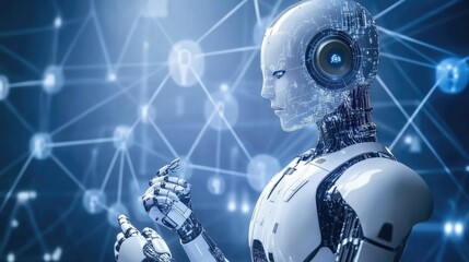 Poster - Autonomous AI agent navigating through a futuristic cybernetic world.