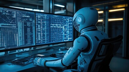 Poster - Futuristic AI agent monitoring space exploration data in real time.