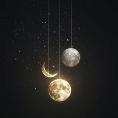 Wall Mural - 08030846 27 cosmic elegance, one golden full moon and one silver crescent moon suspended in deep spa