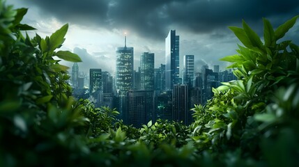 Poster - futuristic city skyline featuring advanced chemical recycling systems for pollution control with int