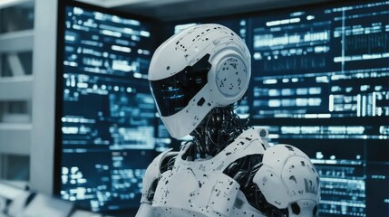 Poster - Humanoid AI robot analyzing data streams in a high-tech control room.
