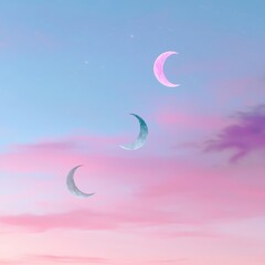 Wall Mural - 08030846 15 Floating full and crescent moons in a dreamy pastel-hued sky, soft glowing constellation trails, artistic ethereal ambiance.