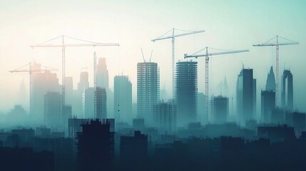 Poster - Modern Abstract City Skyline with Construction Cranes at Dusk