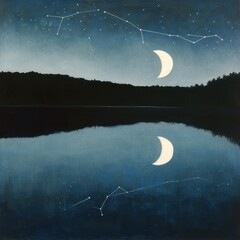Wall Mural - 08030846 18 Cosmic reflections, detailed lunar surface textures, full and crescent moon glowing above a still lake, constellations forming a celestial map.