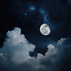 Wall Mural - 08030846 19 Enchanting fairytale night, luminous full moon and crescent moon cradled by soft clouds, starry constellations twinkling in harmony.