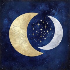 Wall Mural - 08030846 10 ancient mythology-inspired celestial scene, golden full moon and silver crescent moon, d