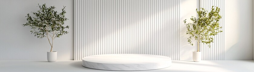 Poster - Elegant 3D podium setting, classic white marble with gold accents, luxurious lighting, premium aesthetic, soft natural shadows, high-resolution rendering, sophisticated composition, professional