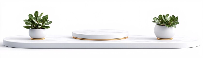 Poster - Elegant 3D podium setting, classic white marble with gold accents, luxurious lighting, premium aesthetic, soft natural shadows, high-resolution rendering, sophisticated composition, professional