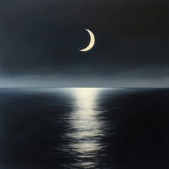 Wall Mural - 08030846 11 Cosmic landscape, realistic full and crescent moon above a misty ocean, soft moon reflections on water, constellations subtly illuminating the waves.