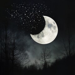 Wall Mural - 08030846 12 Lunar duality, hyper-detailed full moon and crescent moon in a misty enchanted forest, glowing constellation patterns forming above.