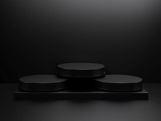 Poster - Sleek black glass 3D podium, ultra-modern design, glossy reflections, premium aesthetics, subtle lighting highlights, minimal yet impactful, perfect product showcase, high-resolution rendering, no