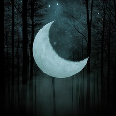 Wall Mural - 08030846 12 Lunar duality, hyper-detailed full moon and crescent moon in a misty enchanted forest, glowing constellation patterns forming above.