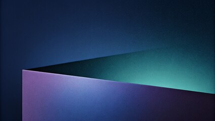 Poster - Dark abstract blue room with purple blue cube form podium edge illuminated spotlight. Abstract techno purple geometric technology background. Abstract blue purple digital data background. 3d render