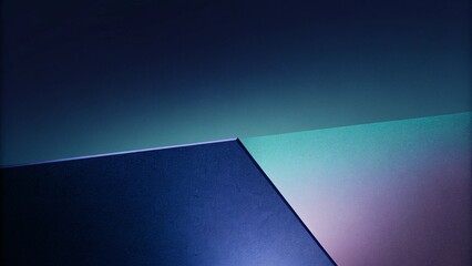 Poster - Dark abstract blue room with purple blue cube form podium edge illuminated spotlight. Abstract techno purple geometric technology background. Abstract blue purple digital data background. 3d render