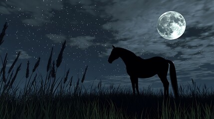  Silhouette of a horse at night under a full moon