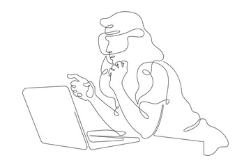 Poster - continuous one line drawing woman sitting at laptop. girl in virtual reality glasses. vr helmet.