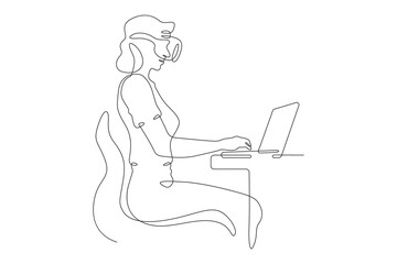 Poster - continuous one line drawing woman sitting at laptop. girl in virtual reality glasses. vr helmet.