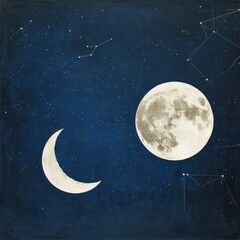 Wall Mural - 08030846 01 hyper-realistic full moon and crescent moon glowing in a deep blue night sky, surrounded