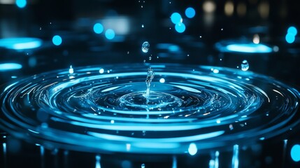 Poster - Dynamic water droplet ripple effect studio setting high-resolution image dark background close-up view fluid motion concept for artistic exploration