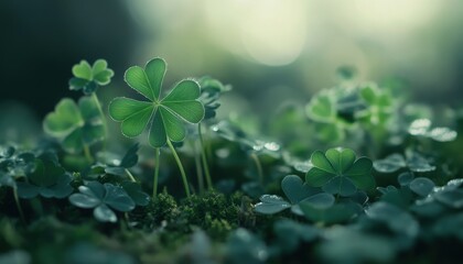 Aufkleber - Close Up of Four Leaf Clovers and Green Plants with Dew Drops