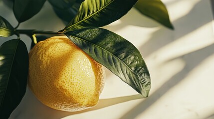 Aufkleber - Closeup of a Ripe Lemon with Green Leaves in Sunlight