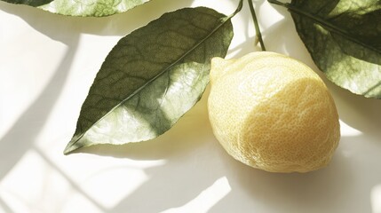 Aufkleber - Closeup of a Ripe Yellow Lemon and Green Leaves in Sunlight