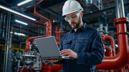 Poster - Industrial technician operating laptop in manufacturing facility high-tech environment close-up perspective workplace efficiency