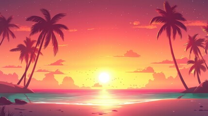 Wall Mural - Vibrant sunset over a tropical beach, palm trees silhouette against a fiery sky. Perfect for travel, vacation, and summer themes, evokes relaxation and paradise.