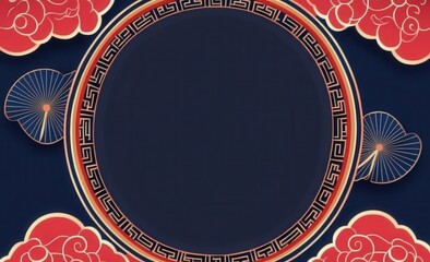 Fototapete - Dark Blue Background with Red and Gold Circular Frame and Cloud Pattern