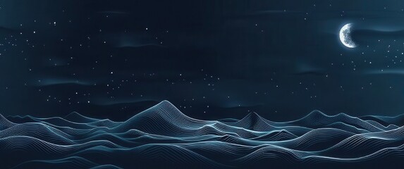 Aufkleber - Dark Blue Night Landscape with Crescent Moon and Starry Sky over Pixelated Mountains