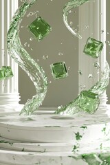 Poster - Floating Green Cubes with Water Swirls in a Bright Environment