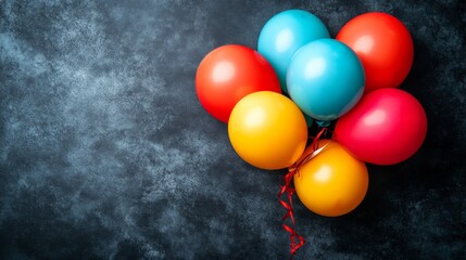 Poster - Against a dark backdrop, a dynamic array of colorful balls, in hues of pink, blue, yellow, black, and white, were scattered haphazardly