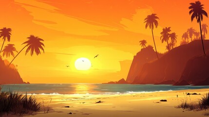Wall Mural - Sunset on a tropical beach, palm trees silhouette against vibrant sky. Ideal for travel, vacation, or relaxation themed projects.