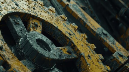 Poster - Close-Up of Yellow Gear Mechanism with Dirt and Grime Accumulation