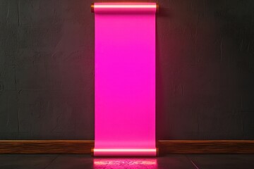 Wall Mural - Soft neon pink lighting on a vertical Chinese scroll, walnut border.