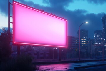 Wall Mural - Neon-lit street billboard at night, blank, pink and blue illumination.