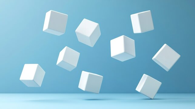 Abstract 3D Rendering: White Cubes Falling on Light Blue Background