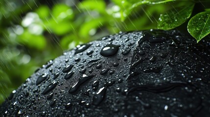 Aufkleber - Dark Stone with Rain Drops and Lush Green Background